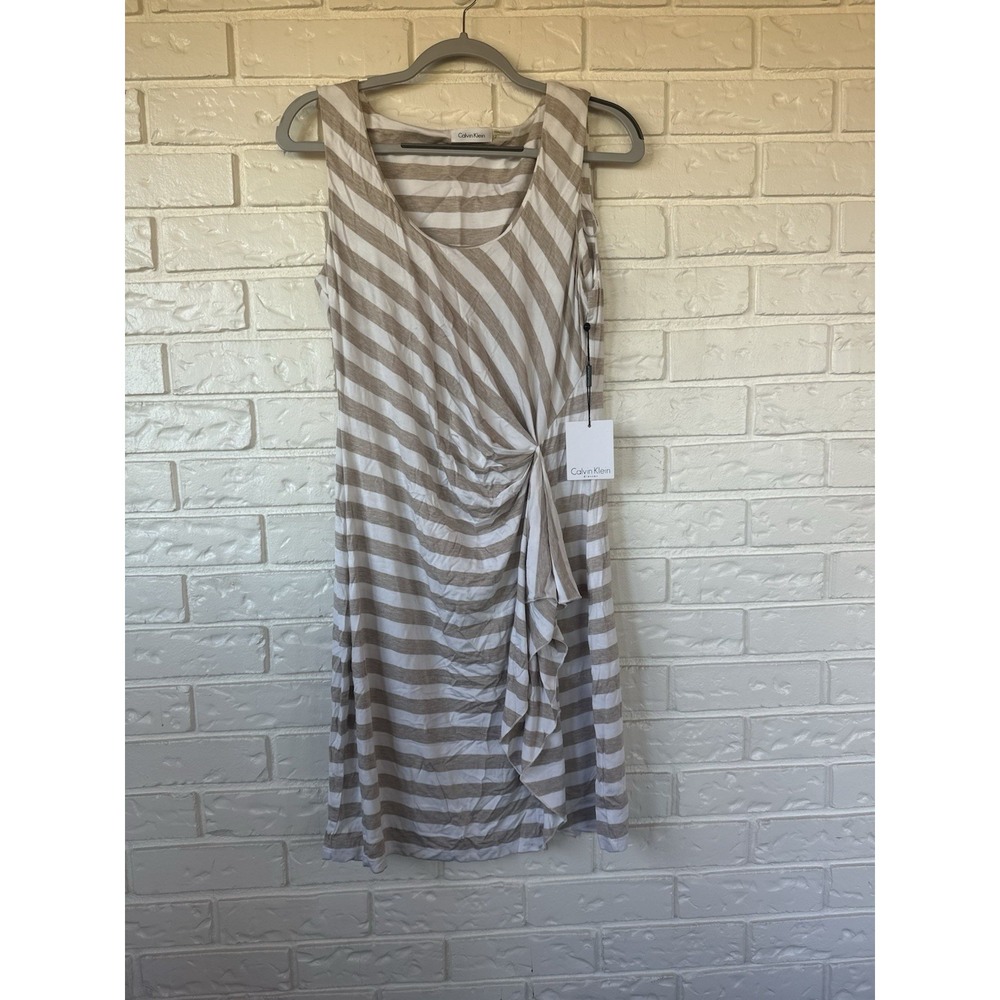 Calvin‎ Klein Taupe Beige Stripe Ruched Dress Size 12 | Sleeveless Stretch Midi